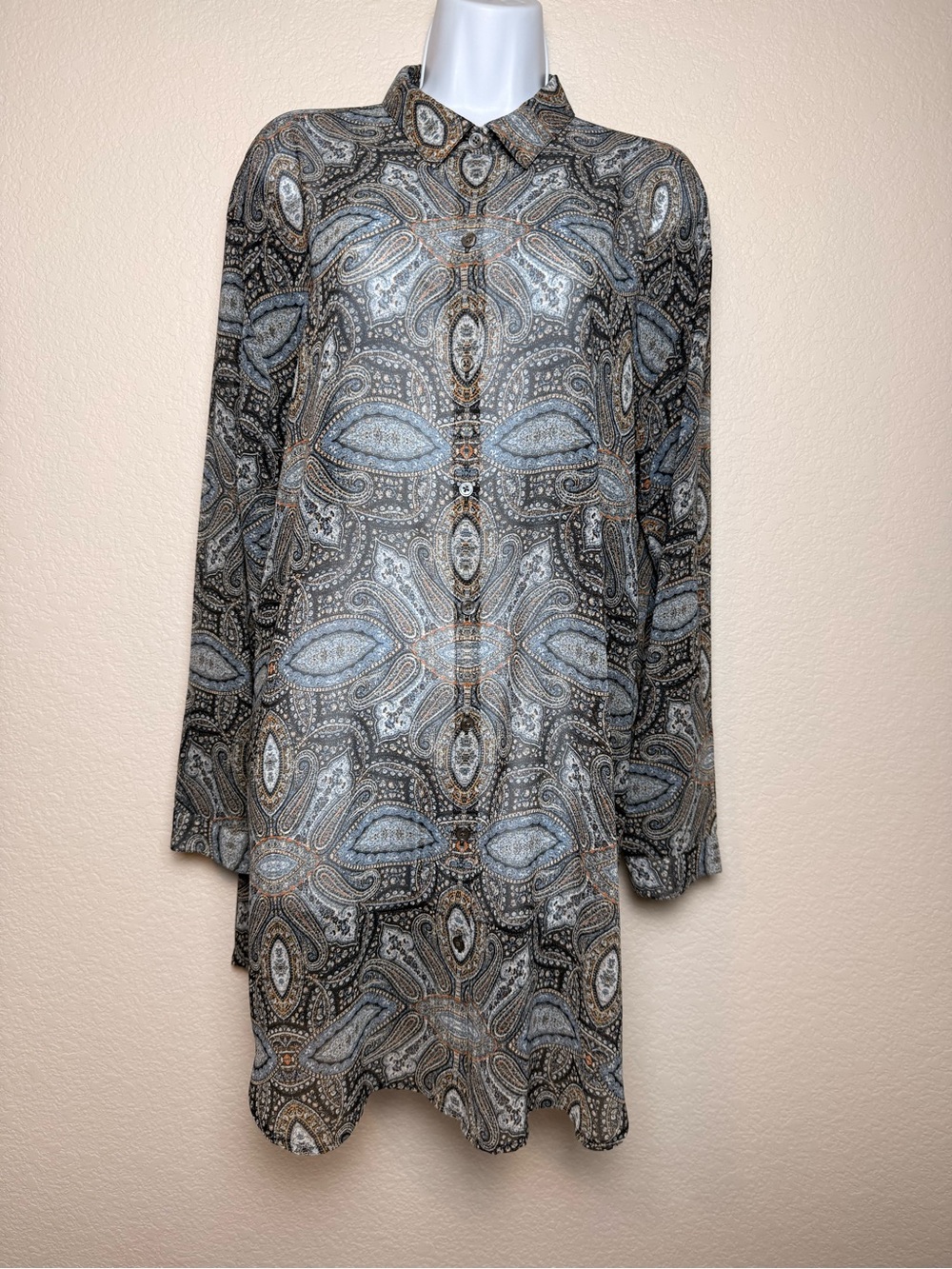 J.Jill Paisley Long-Sleeve Sheer Shirt Dress in Blue and Gray Sz Large